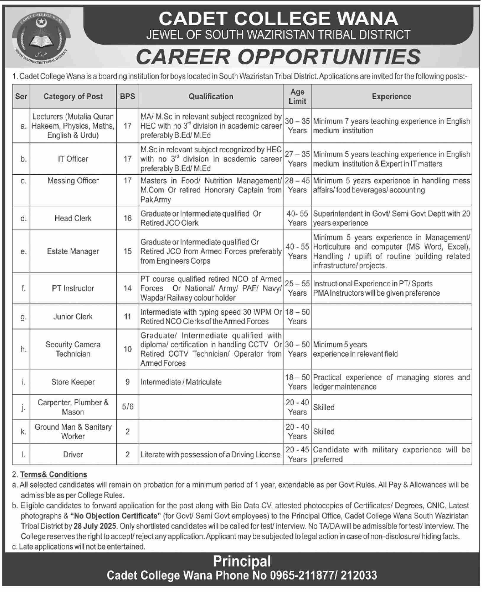 Jobs in Cadet College Wana